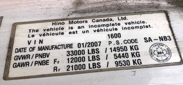 .  Hino 338, 2007, 7.6L, MT-AB, Cab&Chassis, N#1600 - Image 11